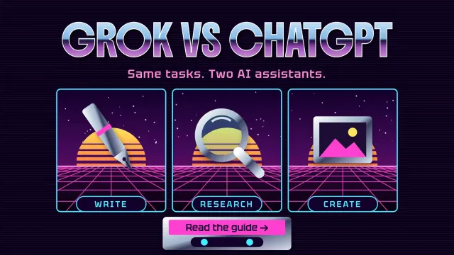 Grok vs ChatGPT: three synthwave panels for write, research and create on a neon grid horizon, with chrome type