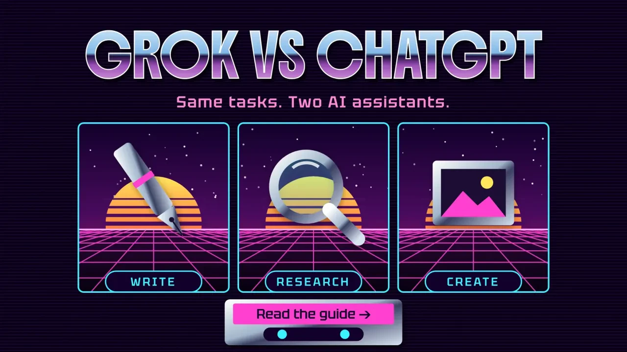 Grok vs ChatGPT: three synthwave panels for write, research and create on a neon grid horizon, with chrome type