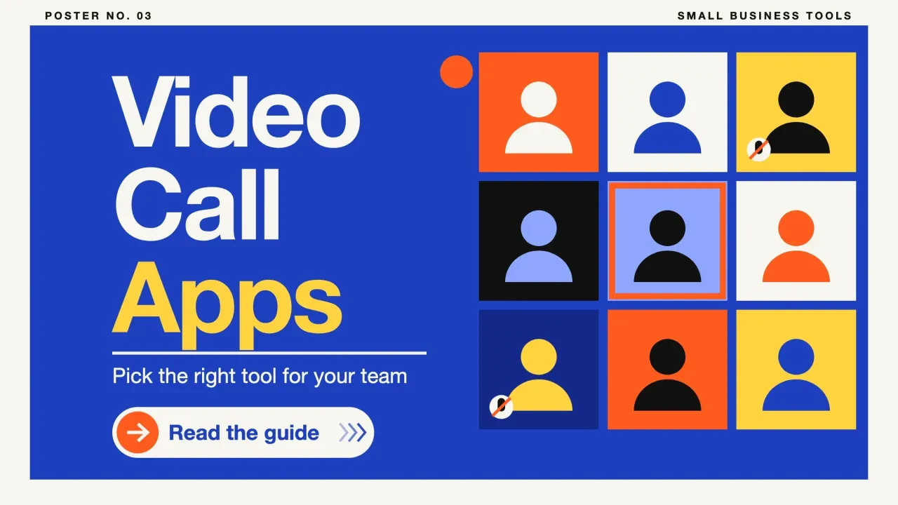 Video call apps: a Swiss-style framed poster of a three-by-three call grid with plain head-and-shoulders shapes