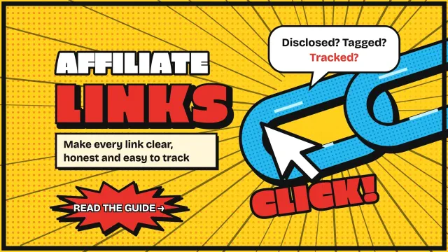 Affiliate links: a comic-book panel of a chain link being clicked with a CLICK burst and an ad label