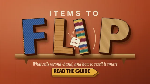 Items to flip: giant FLIP letters made of denim, wood, book spines and cardboard standing on a shop shelf