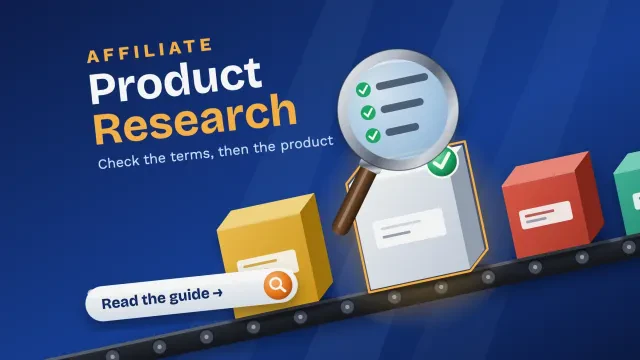 Affiliate product research: a chrome magnifier with a checklist hovering over one glowing box on a tilted conveyor