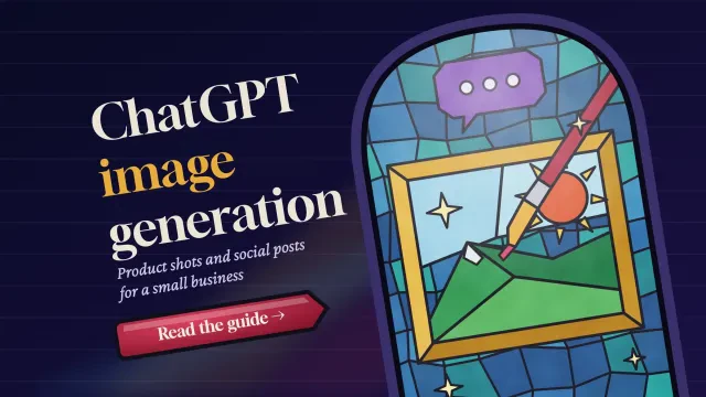 ChatGPT image generation for small business: an angled stained-glass brush painting a framed landscape, with a ruby glass tag button