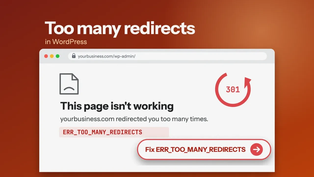 Too many redirects in WordPress: a glowing pink infinity loop between http:// and https:// labels, with 301 redirects below