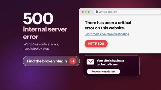 500 internal server error in WordPress: a dark browser window with a glowing gold 500 and the words Internal Server Error