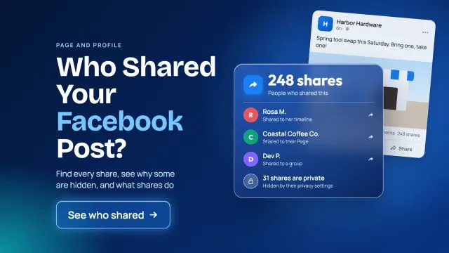 Who shared my Facebook post: a glass share panel showing 248 shares, Shared by rows and one row hidden by privacy with a lock, with a See who shared button
