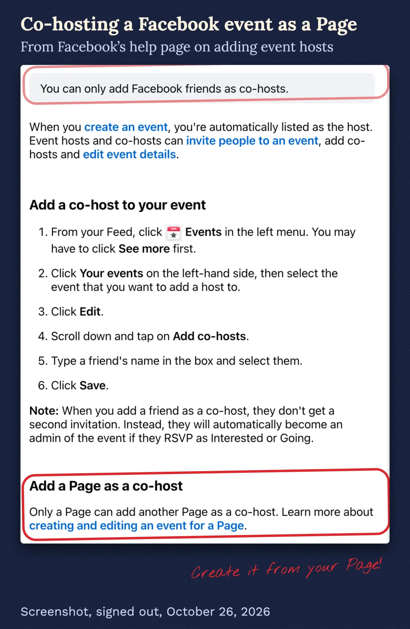 Facebook Help Center page on adding event hosts, marked at the line saying only a Page can add another Page as a co-host