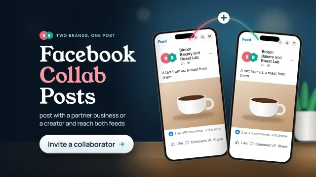 Facebook collab post: two phones on a desk showing the same collab post with a light arc between them, with an Invite a collaborator button