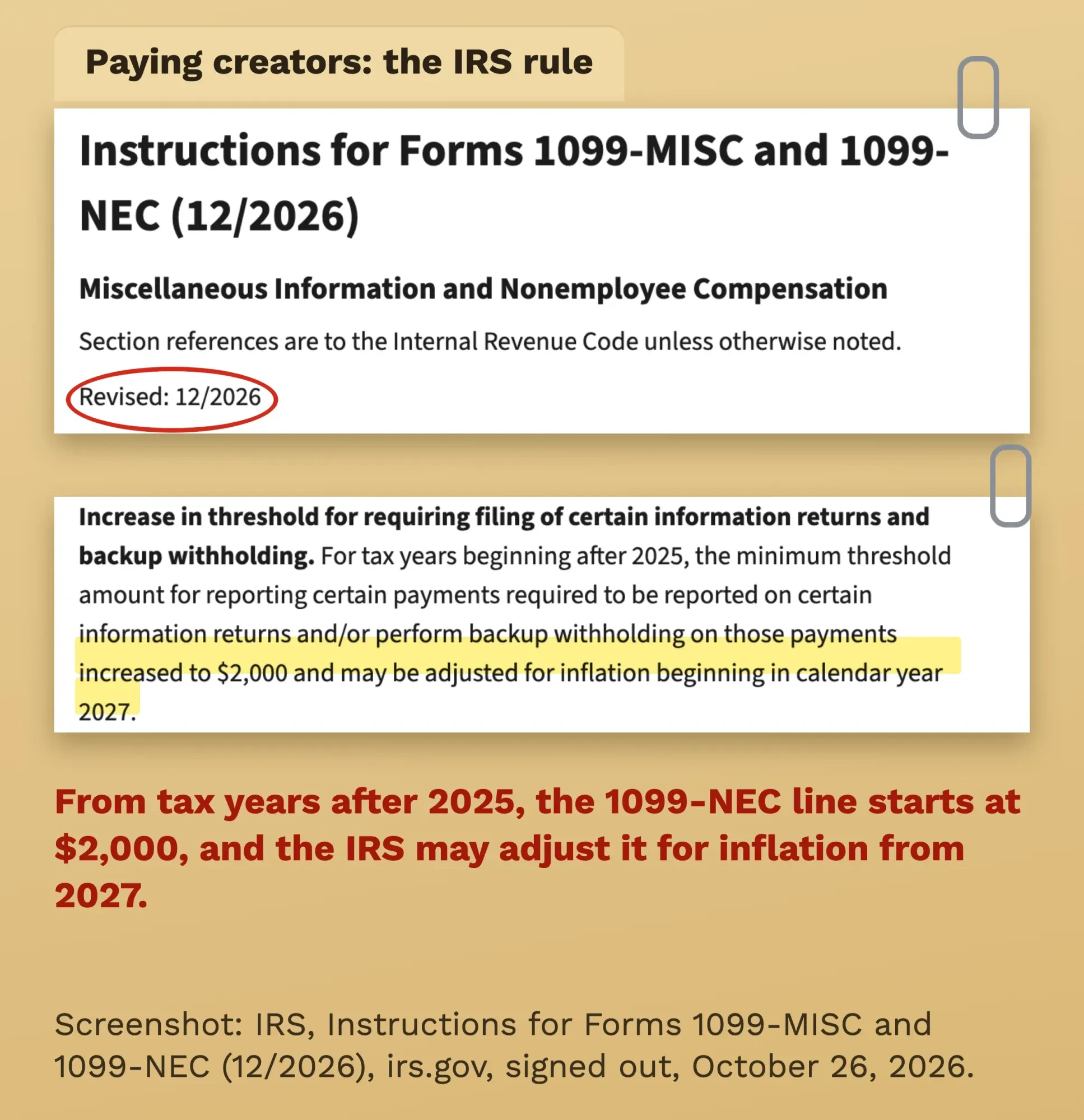 Annotated screenshot of the IRS instructions for Forms 1099-MISC and 1099-NEC, with the line raising the reporting threshold to $2,000 highlighted