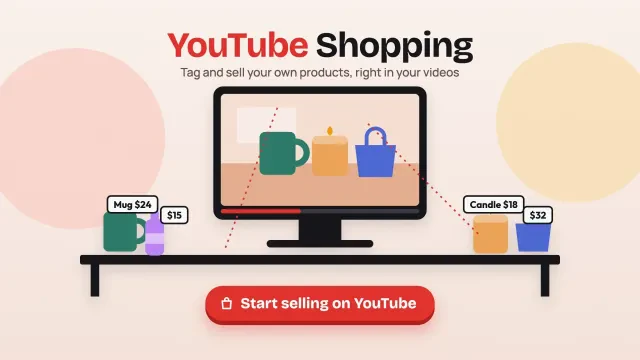 YouTube Shopping for small businesses: a video screen above a shop shelf with tagged products, with a Start selling on YouTube button