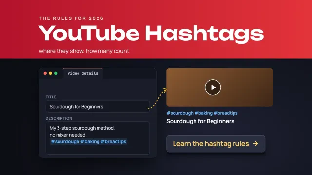 YouTube hashtags: a dark video description editor with hashtags and a live preview, a hashtag counter out of 60, with a Learn the hashtag rules button