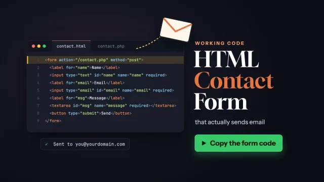 HTML contact form: a code editor with a valid form, label, email input, textarea and submit button, and an envelope flying out, with a Copy the form code button