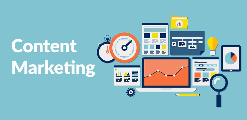Illustration showing various digital content elements like graphs, charts, and documents with the text "Content Marketing" on a blue background.