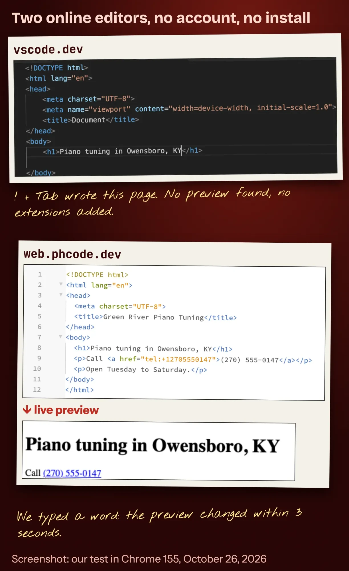 Our test: vscode.dev after the Emmet shortcut wrote an HTML page, and Phoenix Code web with code and a live preview of a made-up page