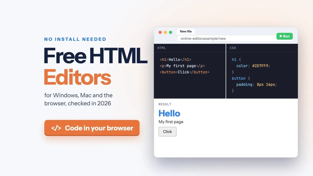 Best free HTML editors: a browser online editor with HTML, CSS and Result panes, with a Code in your browser button
