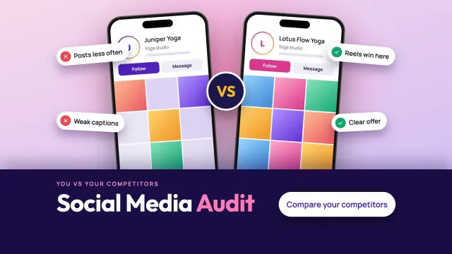 Social media audit: two phones side by side comparing a business profile with a competitor profile, with a button to start the audit