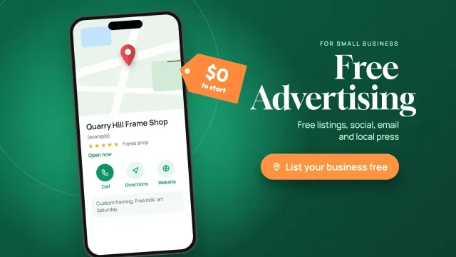 Free advertising for small business: a phone showing a free local listing card for an example frame shop with a $0 to start tag, with a button to find free channels