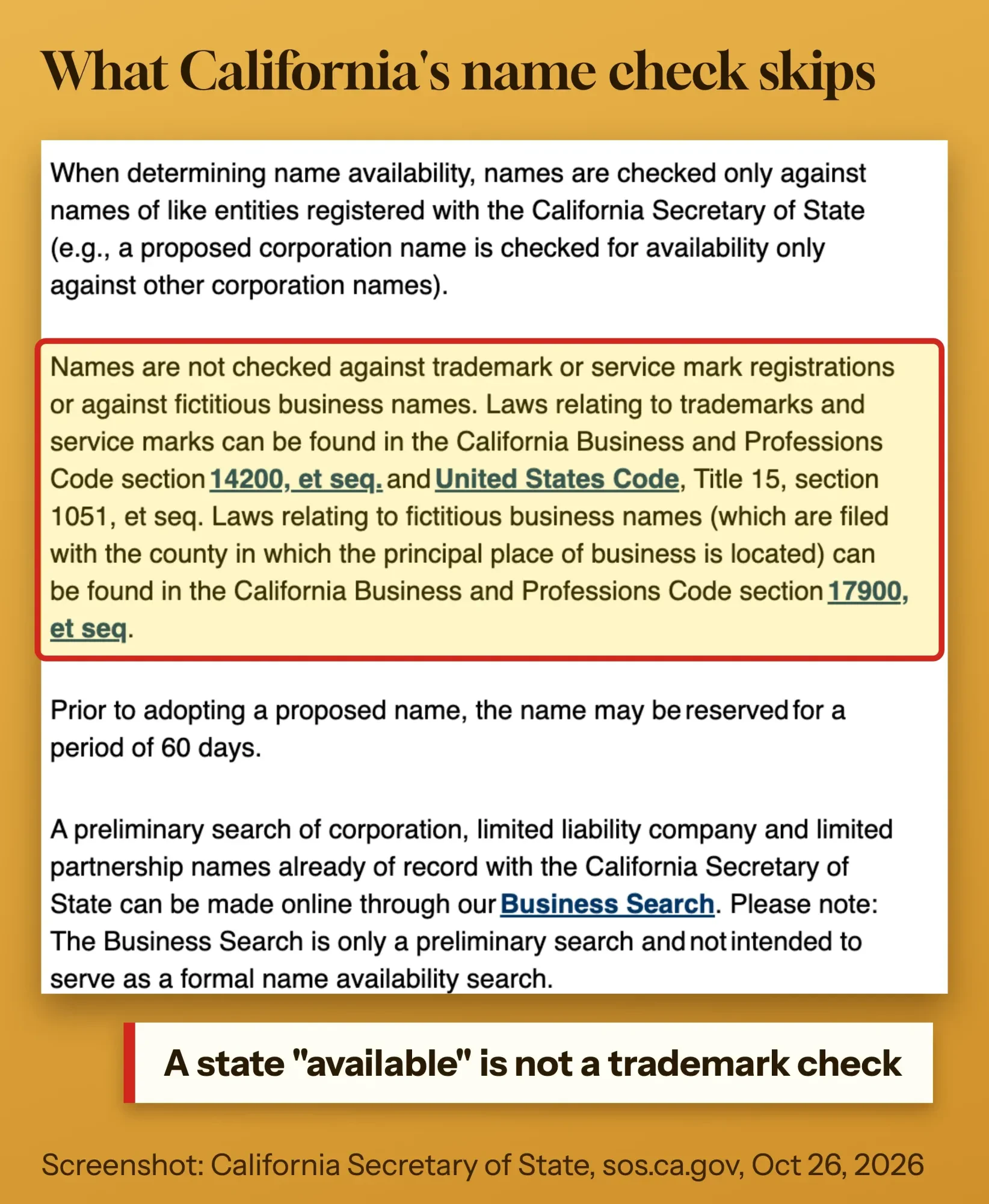 California Secretary of State name page, annotated: names are not checked against trademarks or fictitious business names