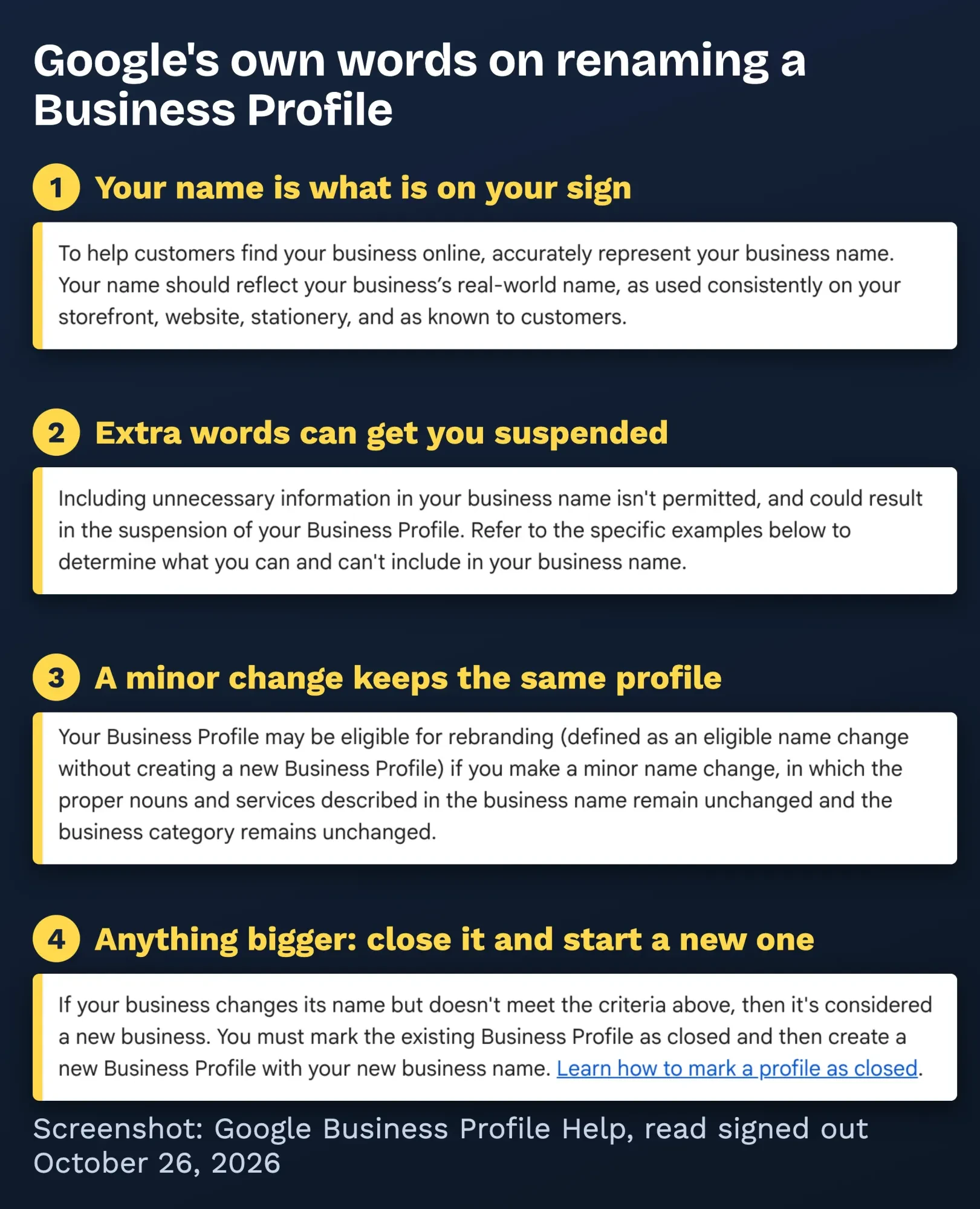 Screenshot of Google Business Profile guidelines on business names and rebranding, with the minor-change and new-business lines marked