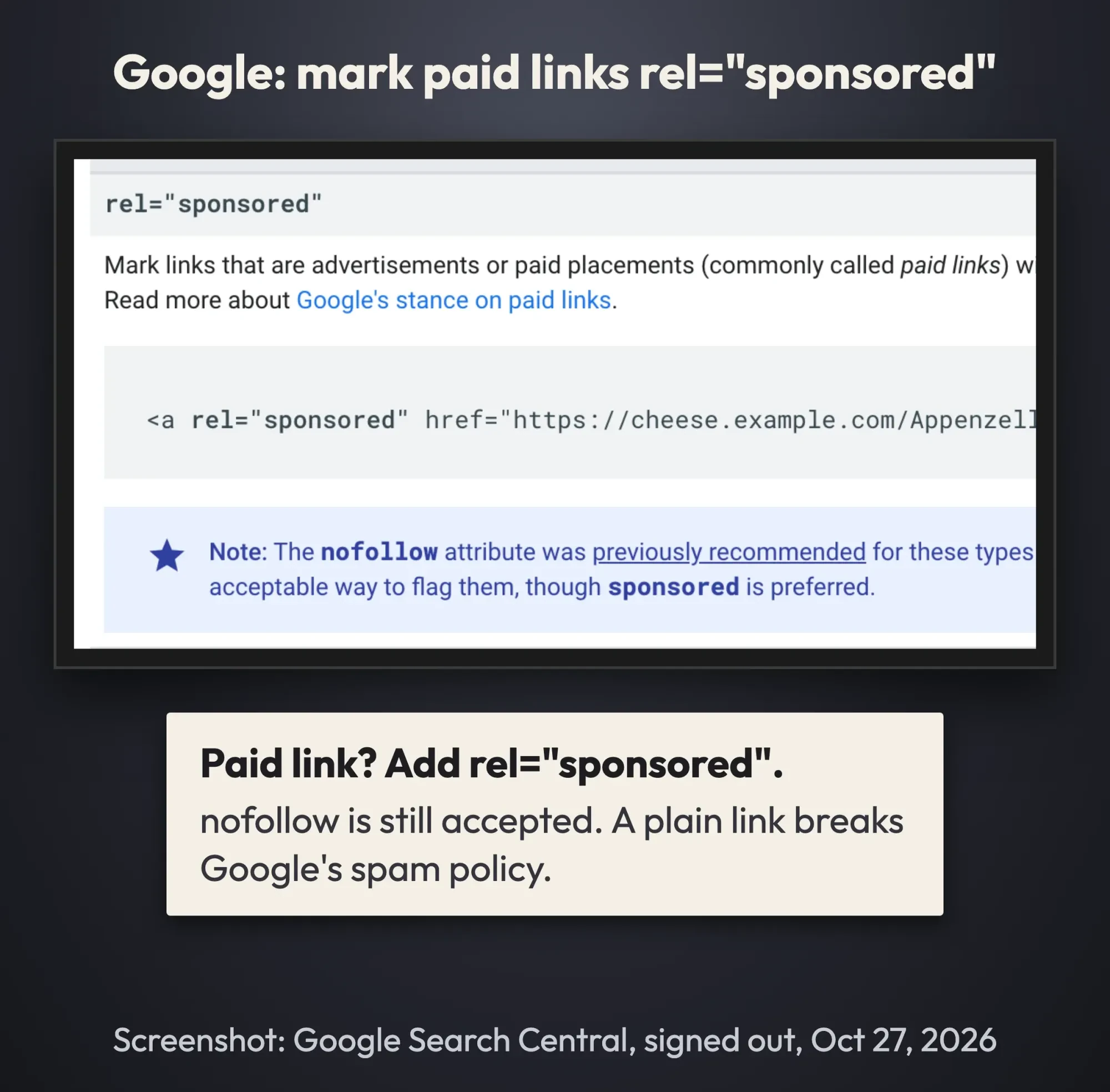 Screenshot of Google Search Central telling site owners to mark paid links with rel="sponsored", with nofollow still accepted