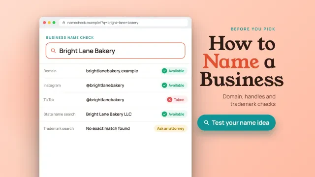 How to name a business: a browser name-check page showing a business name tested for trademark, state registration, domain and social handles, with a check your name button