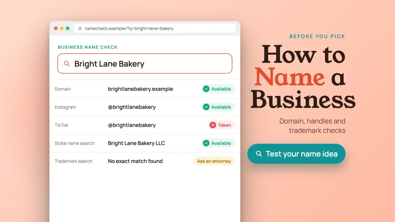 How to name a business: a browser name-check page showing a business name tested for trademark, state registration, domain and social handles, with a check your name button