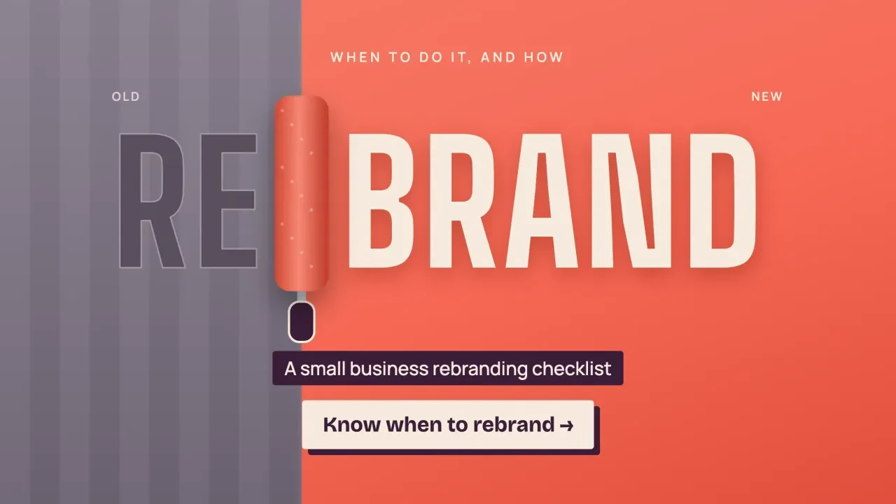 Rebranding a business: the word RE BRAND with a paint roller rolling a new brand color over the old, with a button to get the rebrand checklist