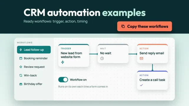CRM automation examples: a workflow builder with a new-lead trigger, a no-wait step and a send reply email action, with a button to see the workflows