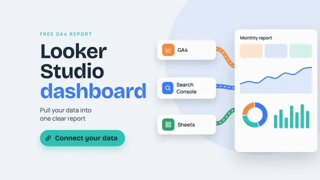 Looker Studio dashboard: data sources piped into a single report with charts, with a button to build a free GA4 report