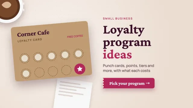 Loyalty program ideas for small business: a punch card with stamps beside a coffee cup, with a button to pick a loyalty program