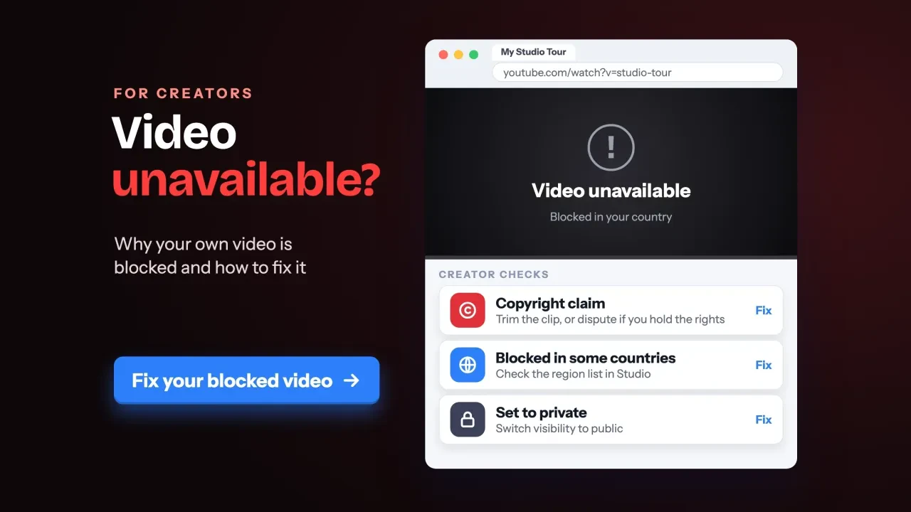 YouTube video unavailable: a browser video player showing a video unavailable message beside creator fix cards, with a Fix your blocked video button