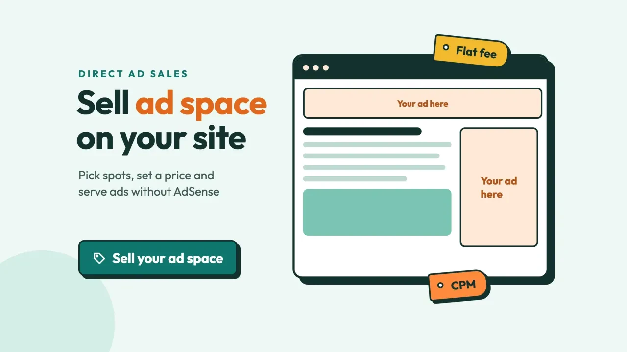 How to sell ad space on your website: a flat website mockup with empty Your ad here slots ready for advertisers, with a button to sell your ad space