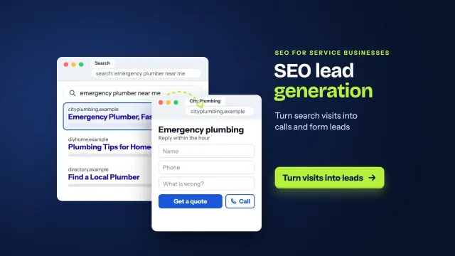 SEO lead generation: a search result leading to a service quote form with a call button, with a button to turn visits into leads