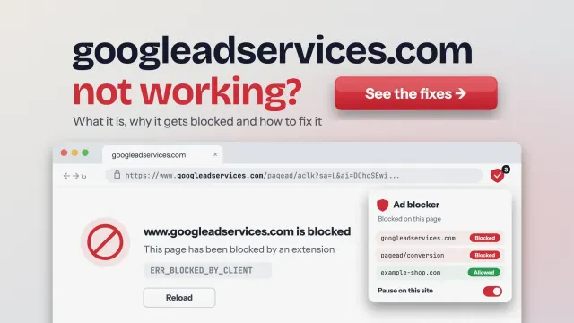 googleadservices.com not working: a browser page blocked by an ad blocker, with a button to fix the Google Ads tracking