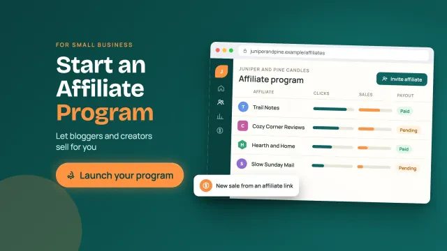 How to start an affiliate program for a small business: a shop affiliate dashboard with affiliates, clicks, sales and payouts
