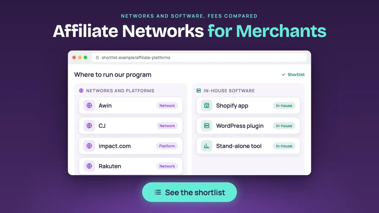 Affiliate networks for merchants: a shortlist of networks and platforms such as Awin, CJ, impact.com and Rakuten next to in-house software options