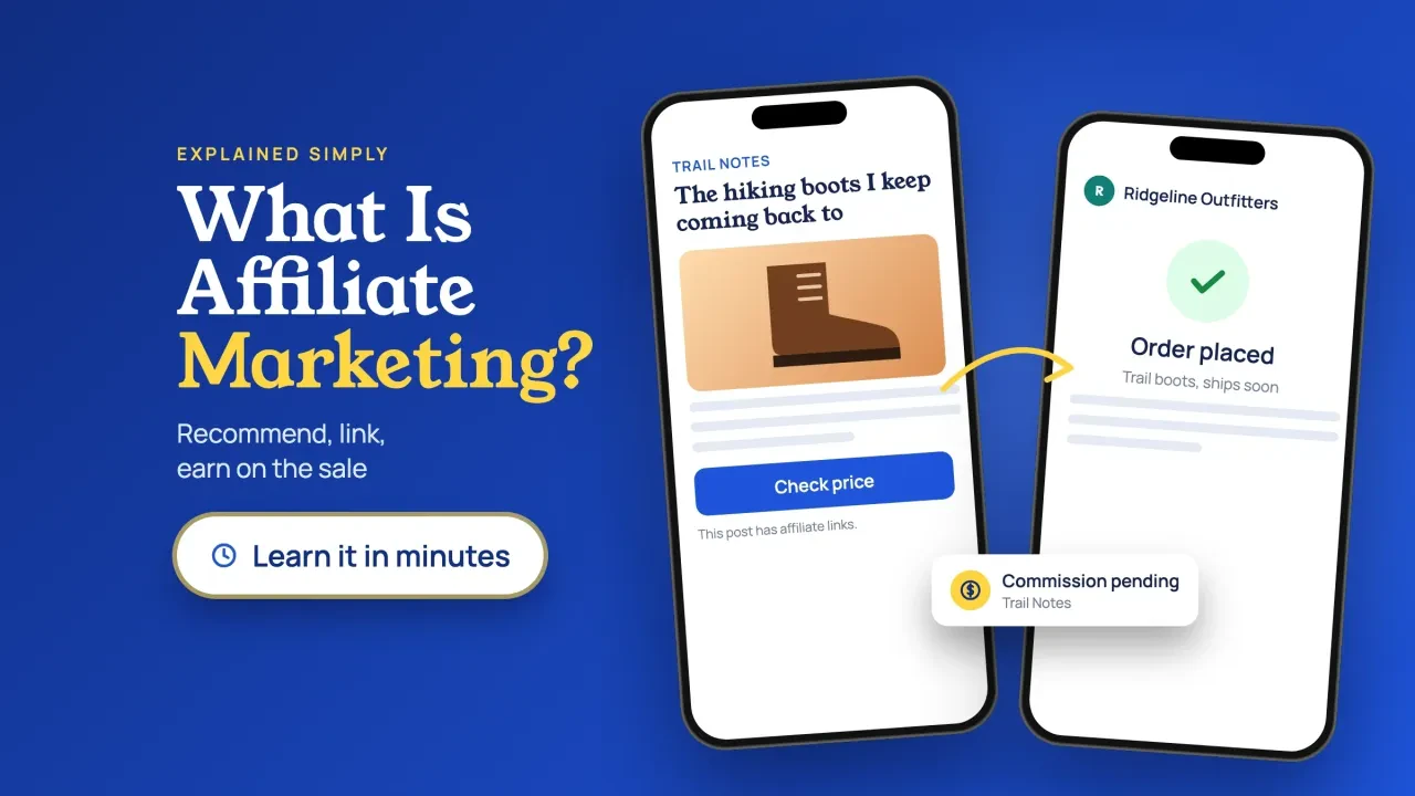What is affiliate marketing: a review post with a Check price link, a shop order placed and a commission pending notice