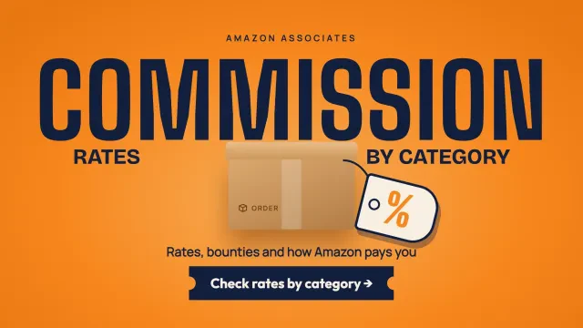 Amazon Associates commission rates: a shipping box with a big percent tag, with a button to check rates by category