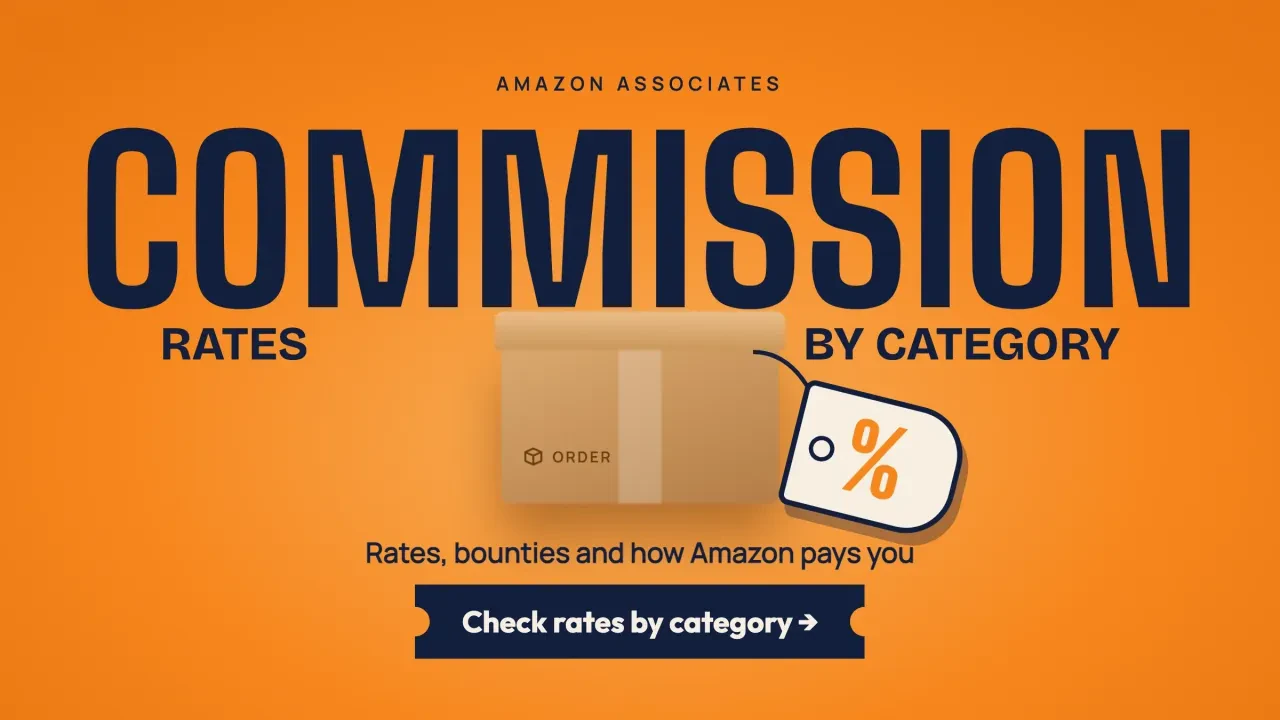 Amazon Associates commission rates: a shipping box with a big percent tag, with a button to check rates by category