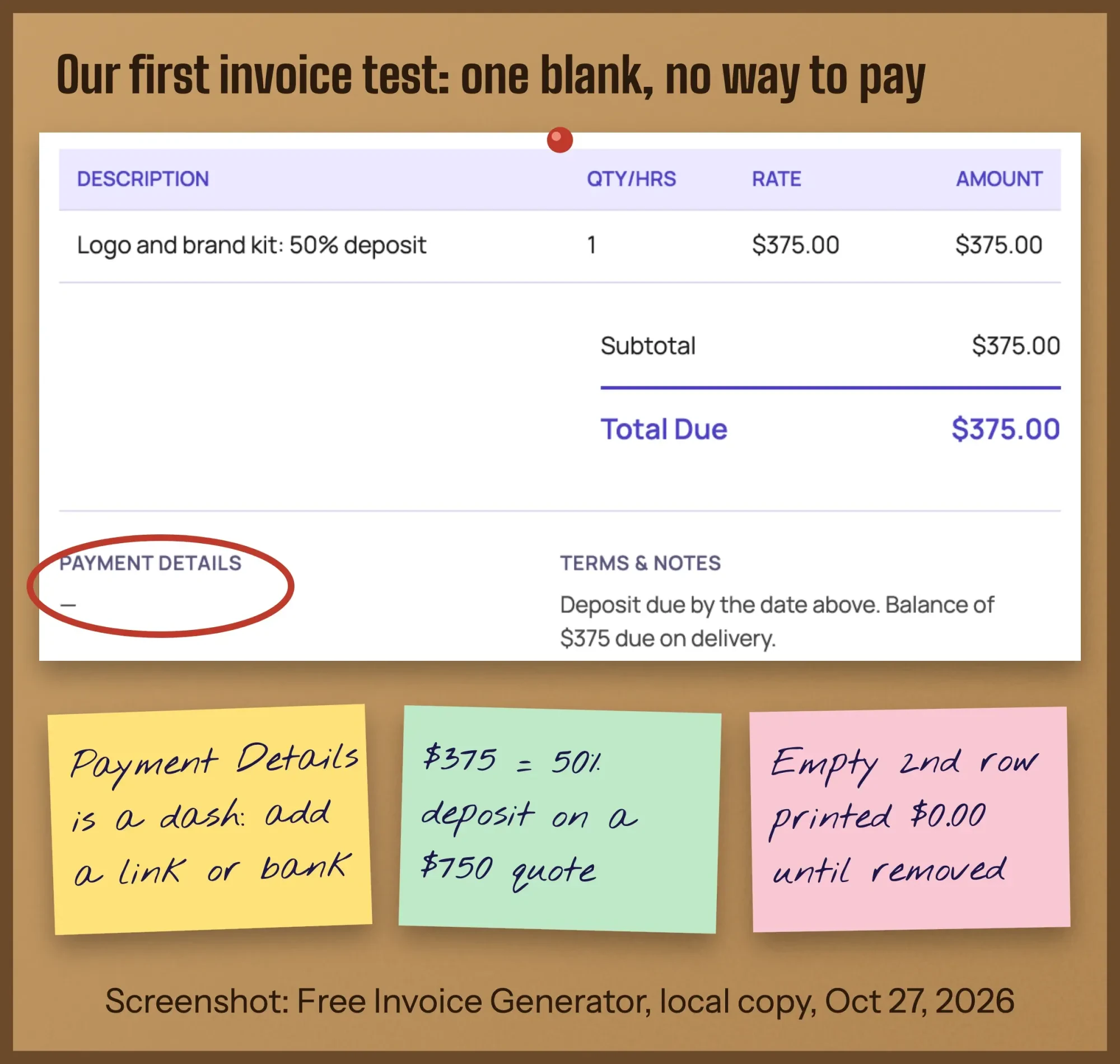 Real screenshot of our Free Invoice Generator with a made-up $375 deposit invoice for Northside Yoga, marked where payment details are missing