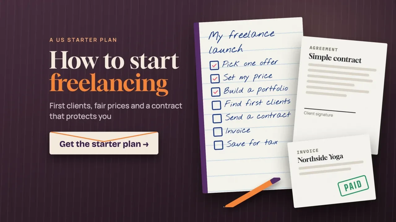 How to start freelancing: a desk with a launch checklist, a one-page contract with a pen and a paid invoice