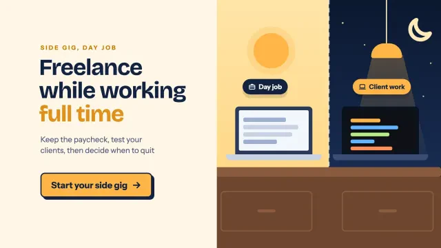Freelancing while working full time: one desk split into day job and evening client work, each on its own laptop