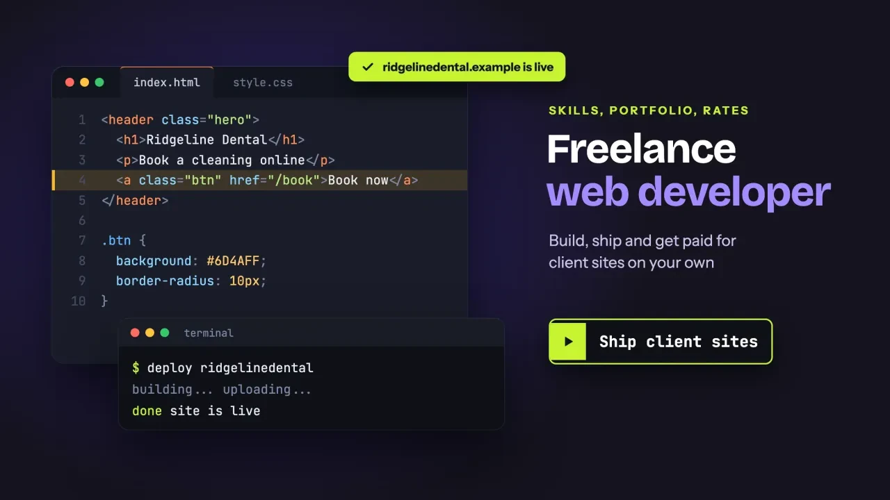 Become a freelance web developer: client site code and a terminal deploy with a notice that the site is live