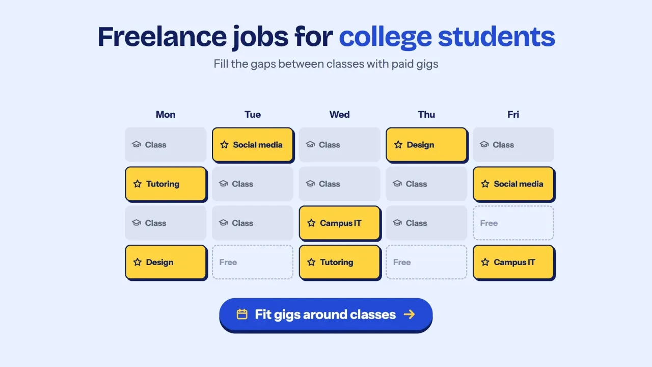 Freelance jobs for college students: a class timetable with the free gaps filled by gig blocks
