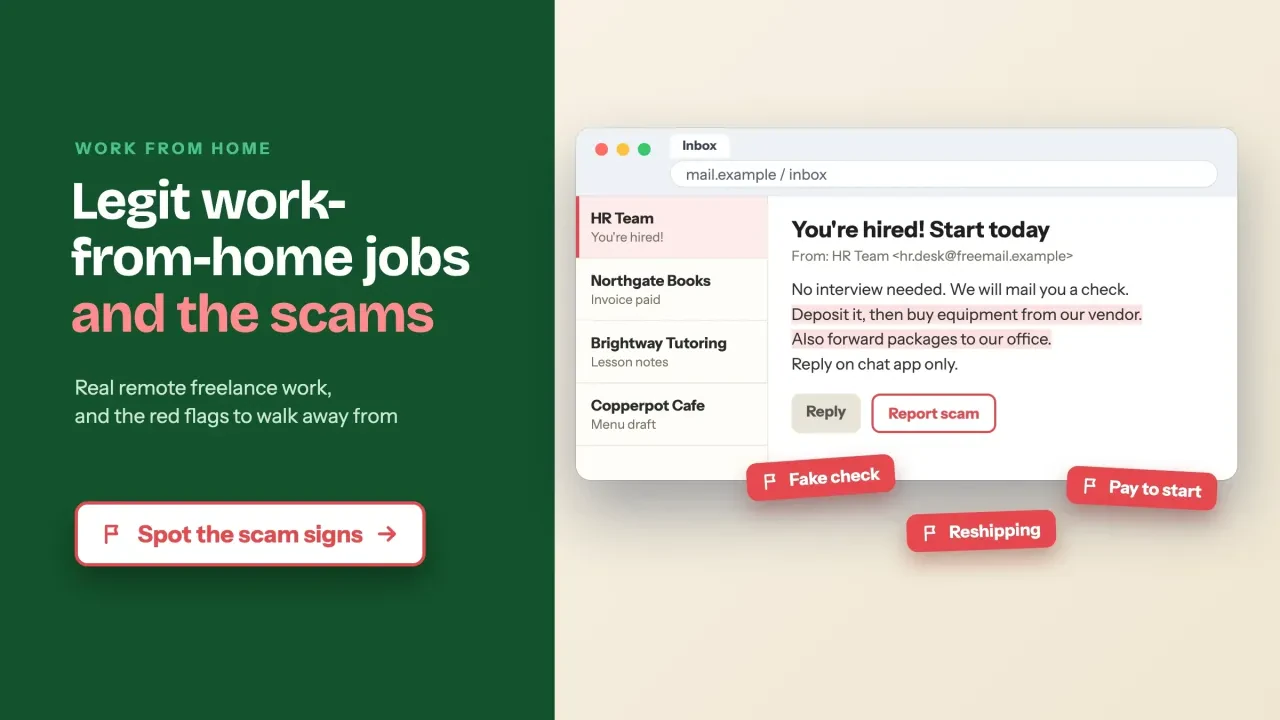 Legit work-from-home jobs: an inbox with a fake job offer flagged for a fake check, pay to start and reshipping