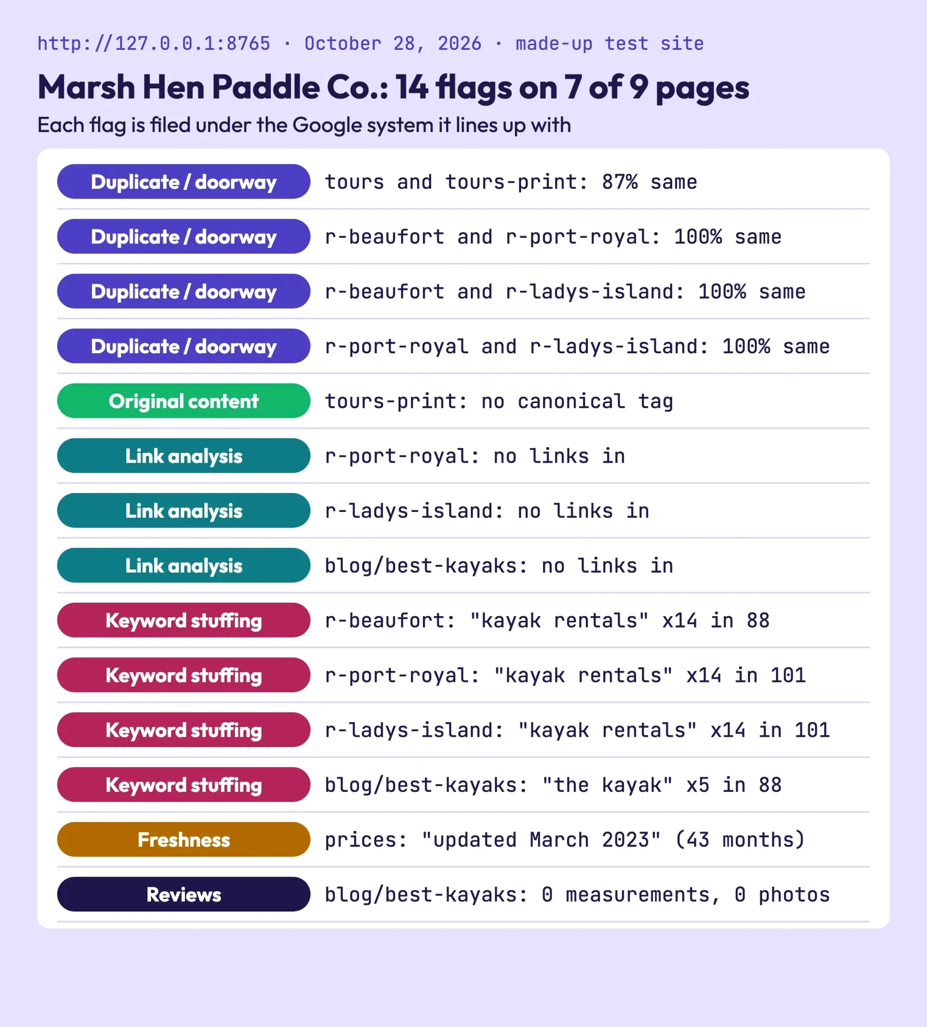 Our checker's report on the made-up kayak site, listing 14 flags grouped under deduplication, link analysis, spam, freshness, reviews and canonical