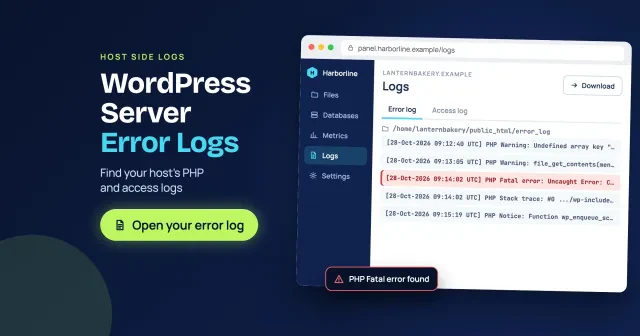 WordPress server error logs: a hosting panel Logs page with the error_log open and a PHP fatal error flagged, with an Open your error log button
