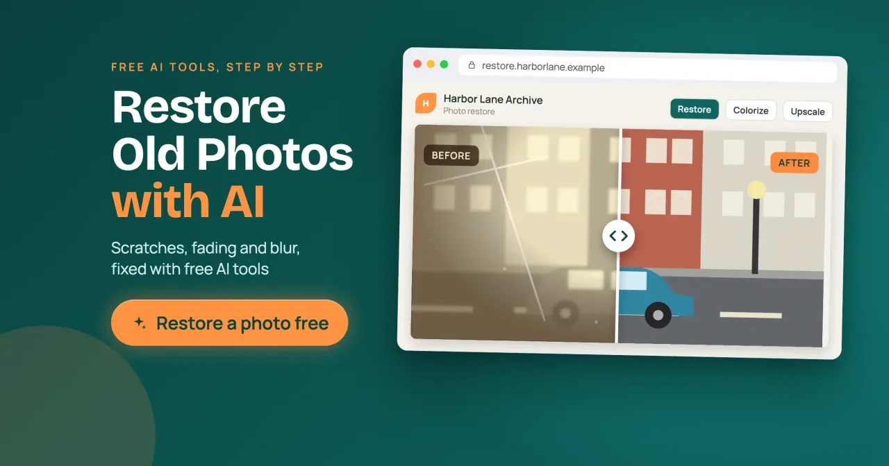 Restore old photos with AI: a before and after slider shows a faded, scratched street photo restored in color, with a Restore a photo free button