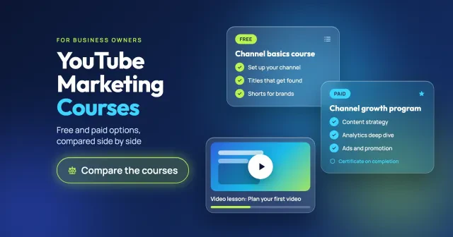 YouTube marketing courses: example free and paid course cards beside a video lesson, with a Compare the courses button