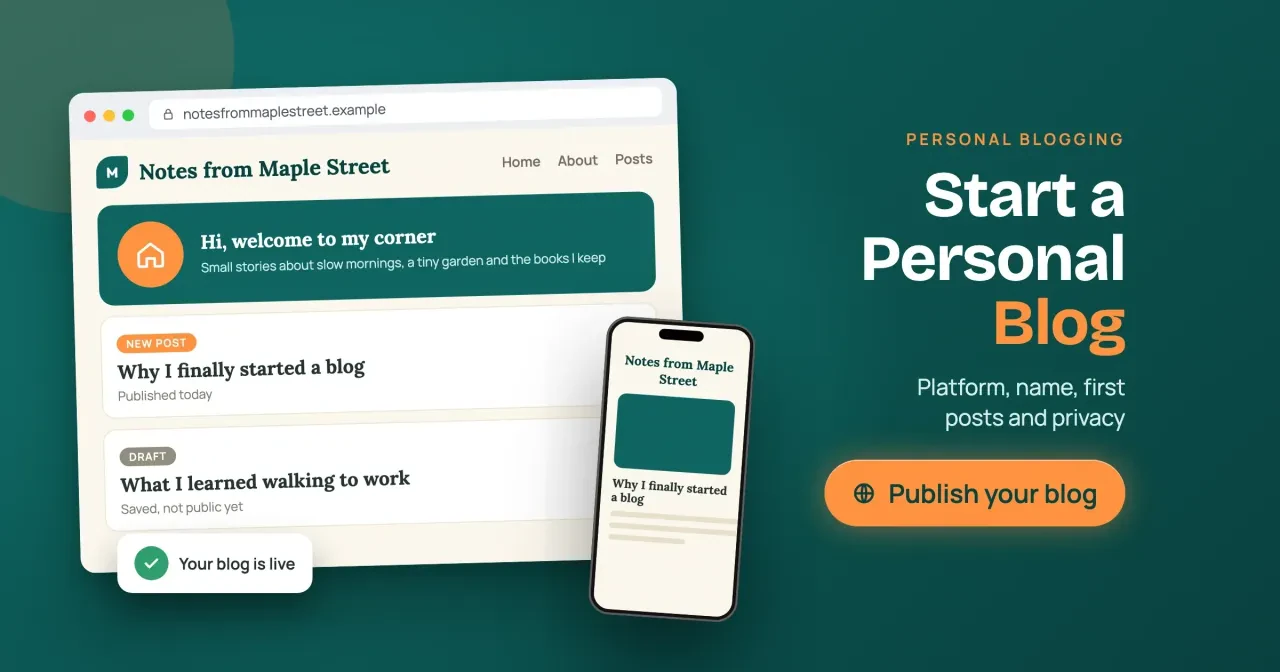How to start a personal blog: a new personal blog home page on a phone showing Your blog is live, with a start button